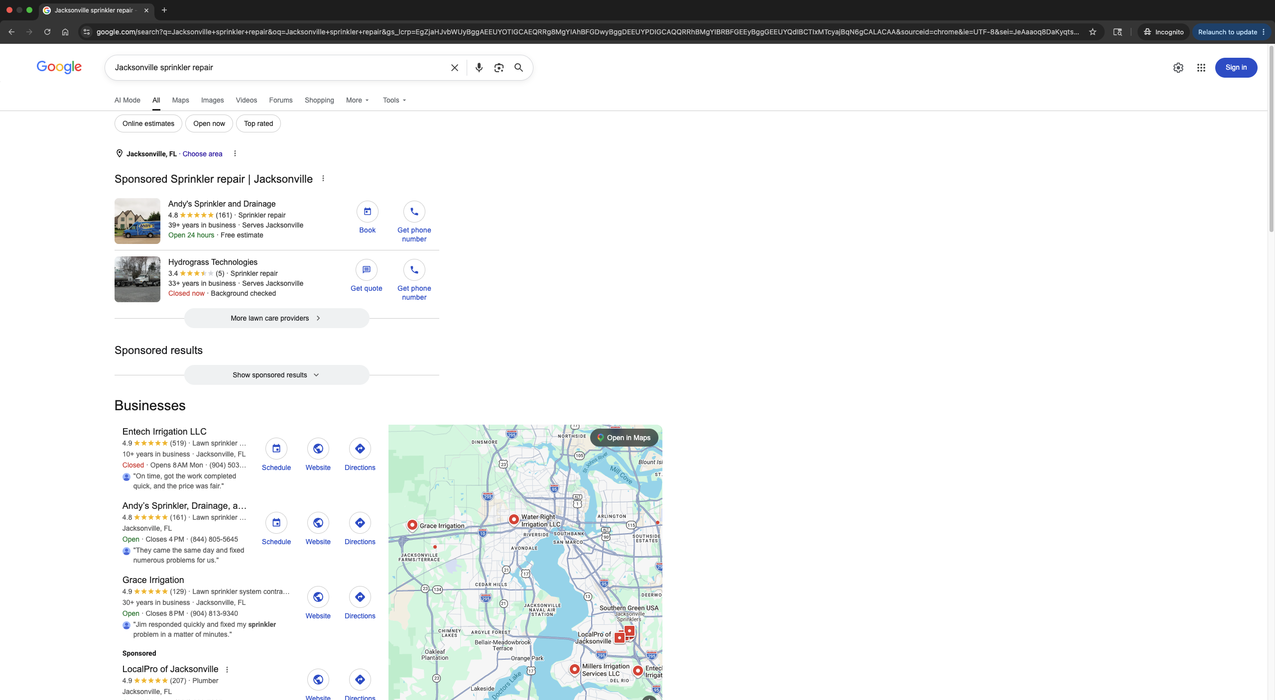 Incognito Google search for Jacksonville sprinkler repair, May 2026, showing two sponsored competitor ads at the top and Entech Irrigation LLC ranked first in the organic business results with 4.9 stars and 519 reviews