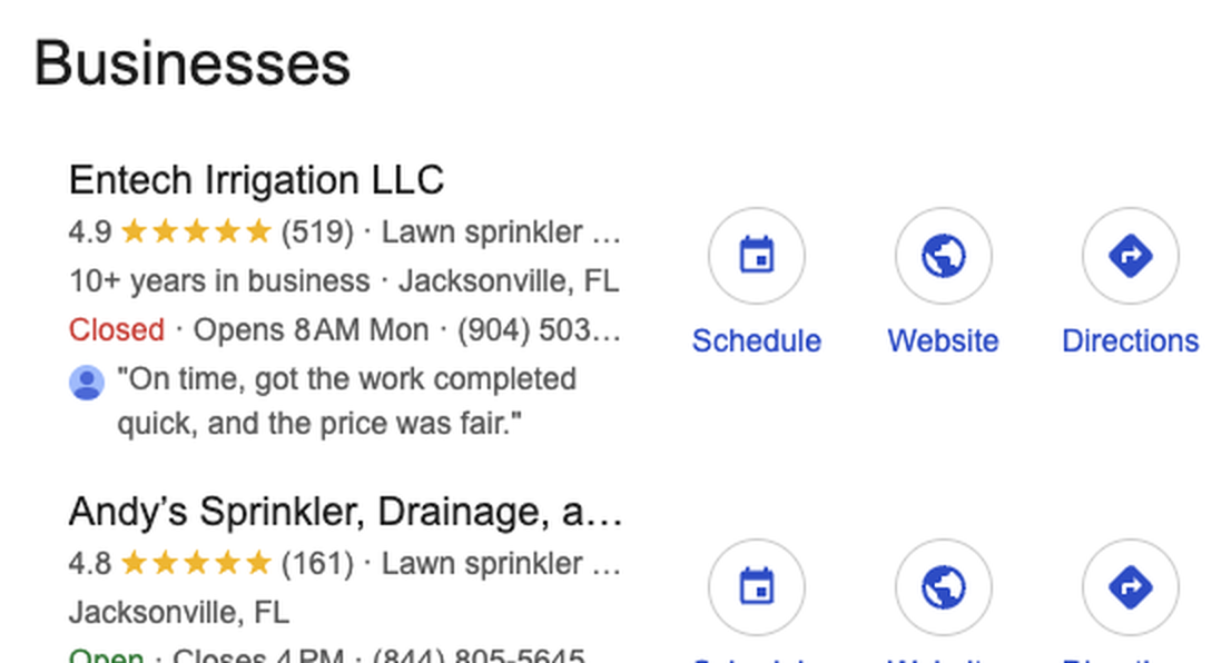 Google search results for Jacksonville sprinkler repair showing Entech Irrigation LLC ranked first with 4.9 stars and 519 reviews, above Andy's Sprinkler and Grace Irrigation