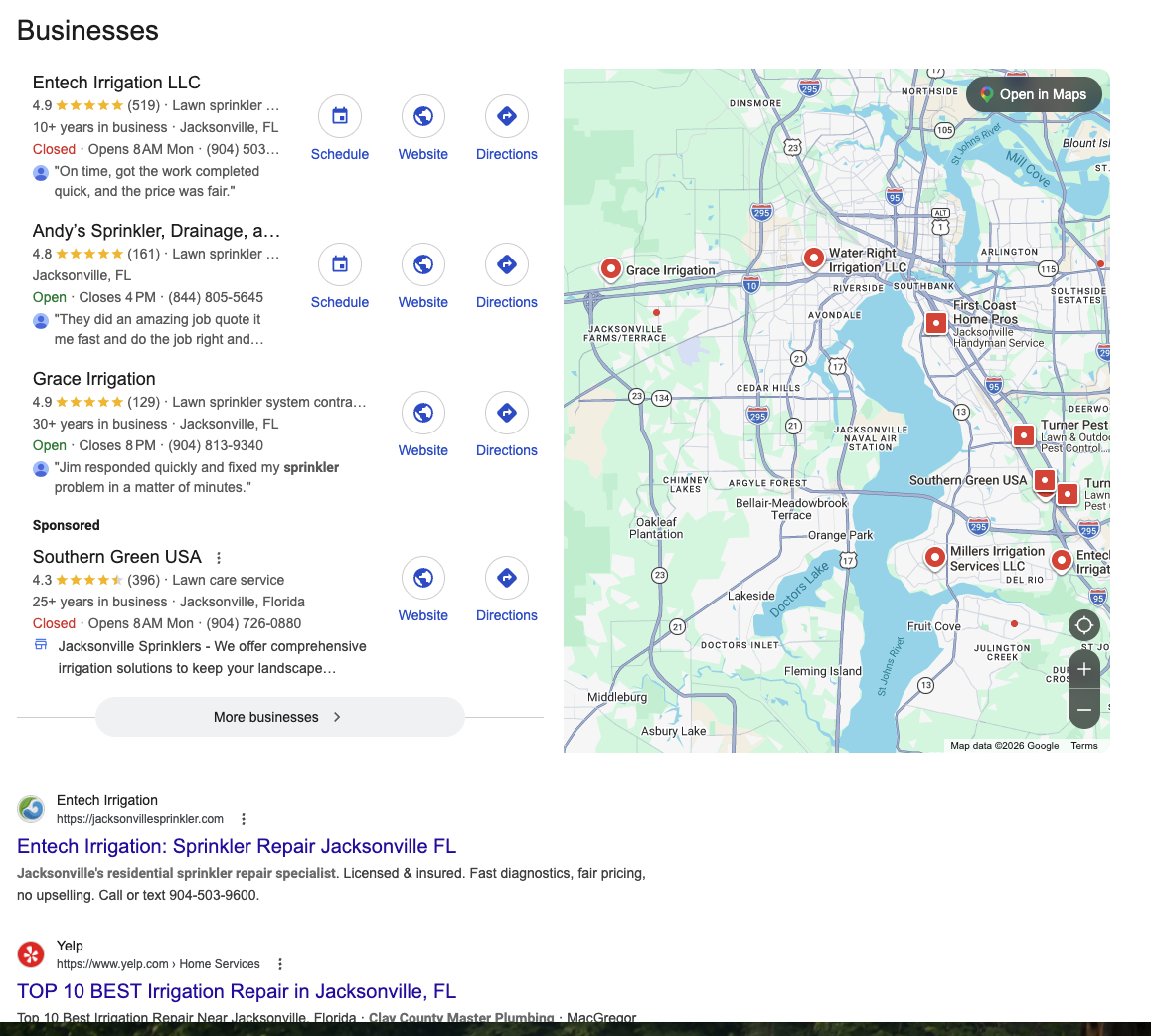 Google local results comparison showing Entech Irrigation with 519 reviews, Andy's Sprinkler with 161, and Grace Irrigation with 129