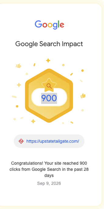Google Search Impact notice showing Upstate Tailgate reached 900 clicks from Google Search in the previous 28 days on September 9, 2026